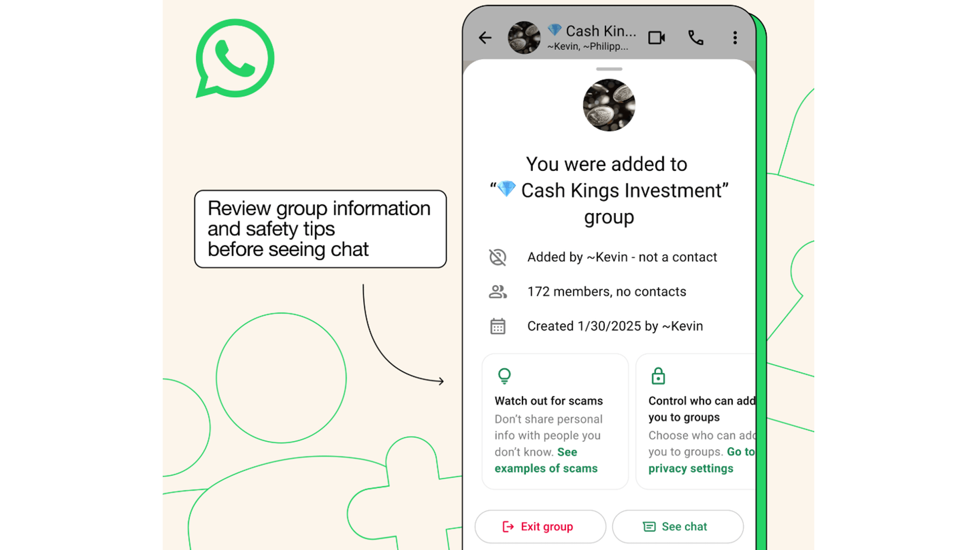 Notification de groupe WhatsApp indiquant l'ajout au groupe 'Cash Kings Investment' avec des conseils de sécurité.