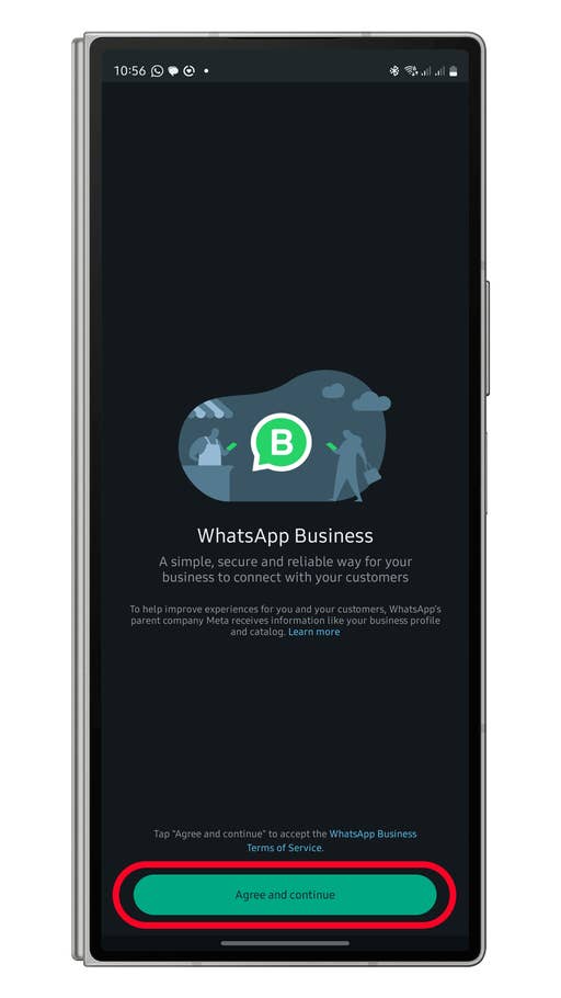 Écran du0027accueil de WhatsApp Business avec le bouton u0027Accepter et continueru0027.