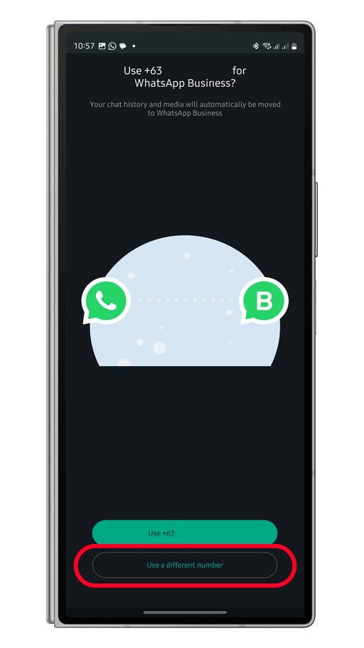 Écran affichant une invite pour utiliser WhatsApp Business avec des options pour utiliser +63 ou un autre numéro.