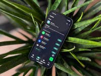 Un smartphone Google Pixel 9 Pro XL affichant une interface d'application au thème sombre sur une plante verte.