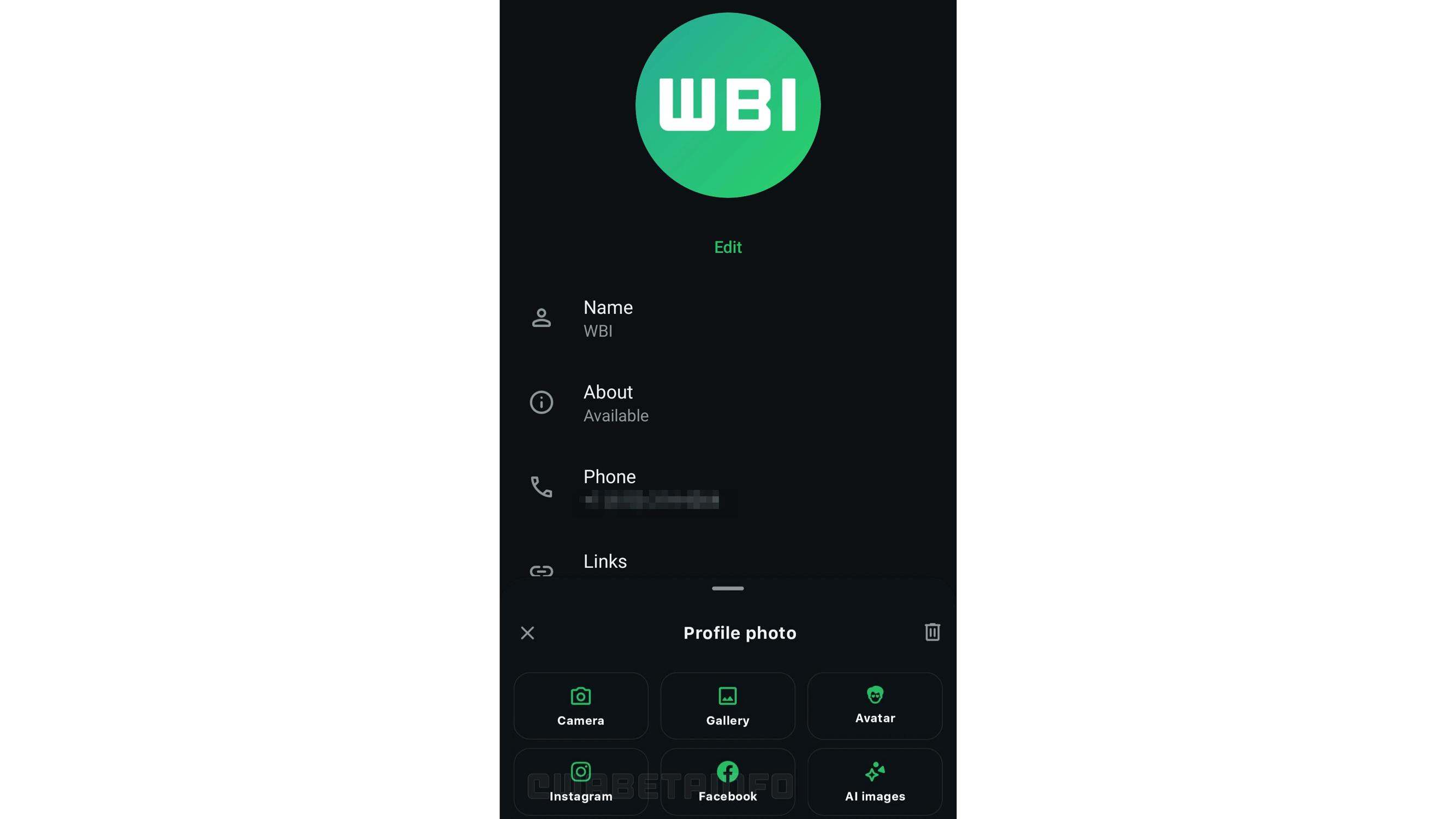 Écran de profil WhatsApp montrant le nom 'WBI', le statut 'Disponible' et des options pour la photo de profil.