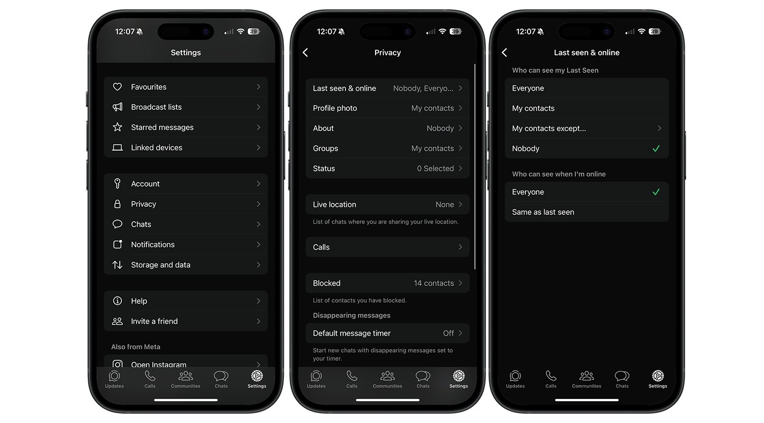 Dans le champ "Dernièrement en ligne", vous pouvez définir si les autres peuvent voir quand vous êtes en ligne