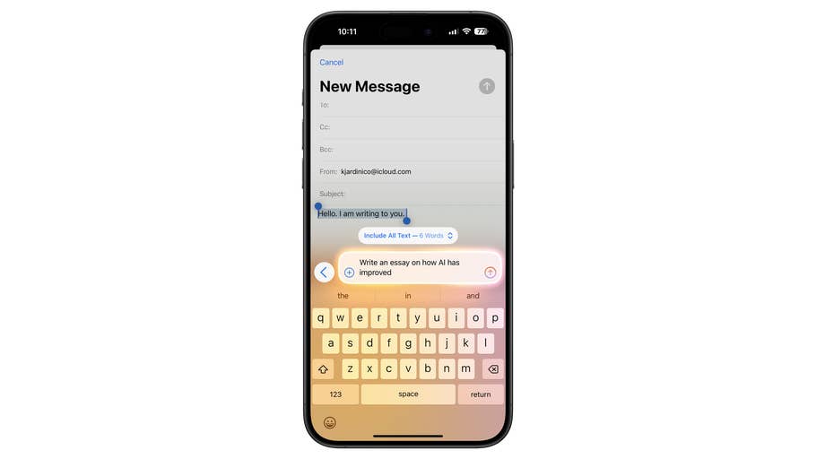 A smartphone displaying a new message screen in an email app with text fields and a keyboard.
