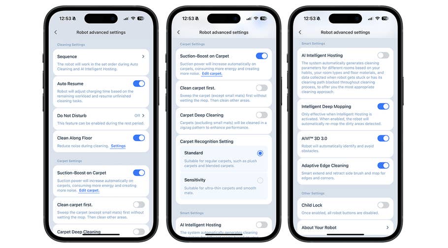 Interface du0027application mobile affichant les paramètres avancés pour lu0027aspirateur robot Ecovacs Deebot X8 Pro Omni.