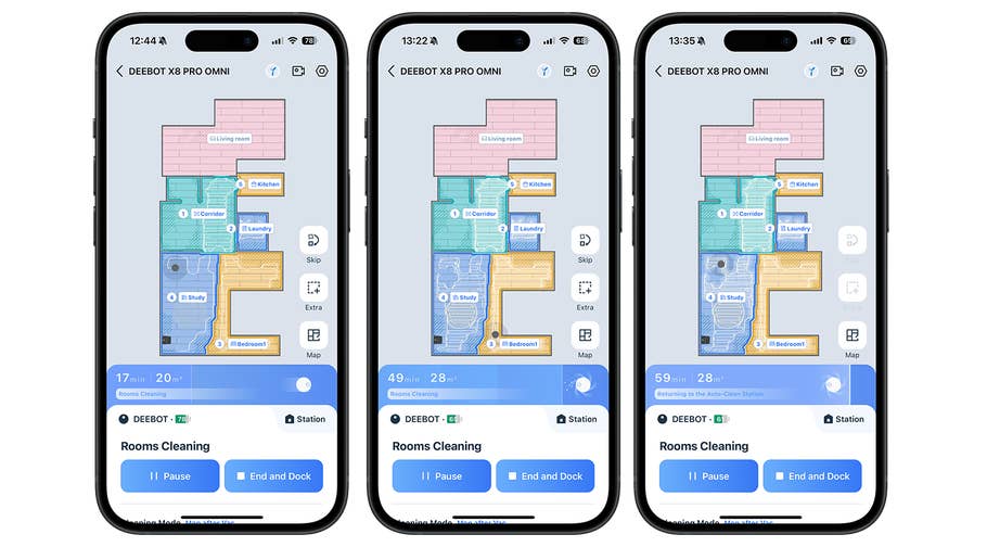 Trois smartphones affichant lu0027interface de nettoyage du Ecovacs Deebot X8 Pro Omni avec des cartes de pièces.