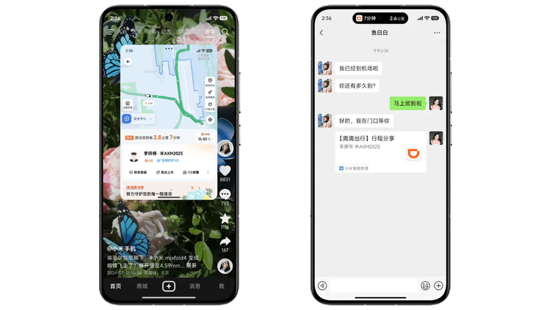 Téléphone Xiaomi affichant une carte et une interface de chat avec des messages.