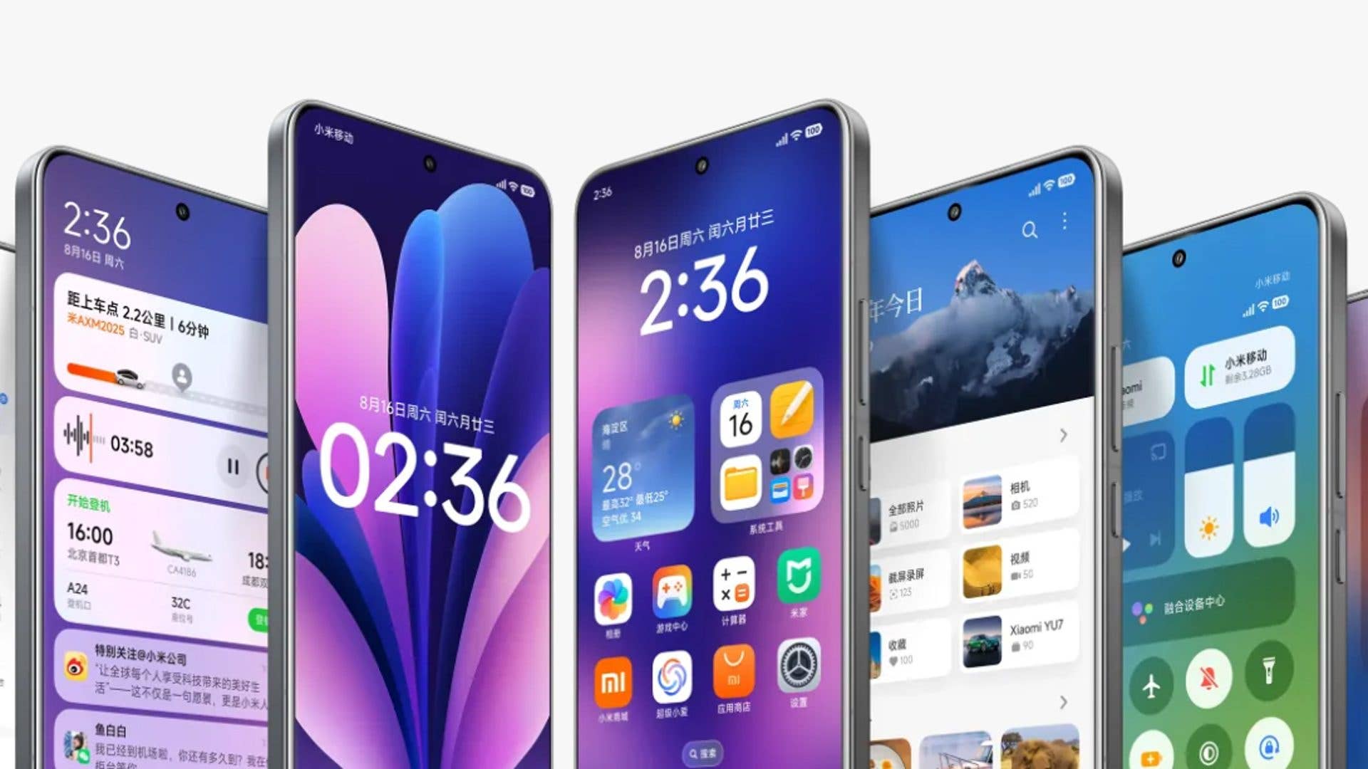 Plusieurs smartphones Xiaomi affichant diverses interfaces d'applications et l'heure 02:36.