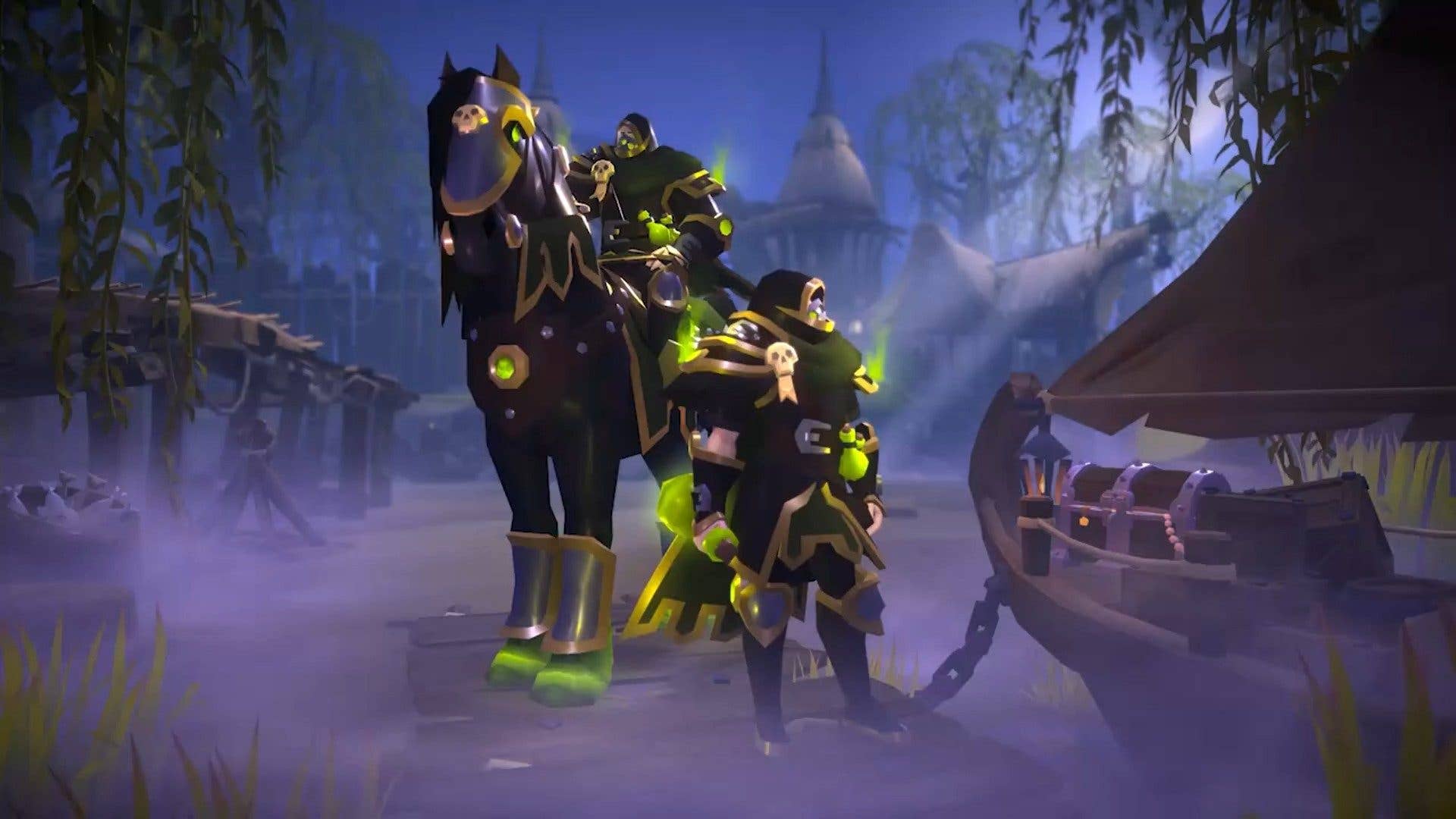 Un cheval noir avec un cavalier en armure noire se tient à côté d'un bateau, avec un coffre au trésor dans un environnement brumeux.