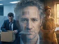 Un employé de bureau nettoie son bureau à gauche, tandis qu'un artisan rit à droite. Au milieu, Alex Karps de Palantir.