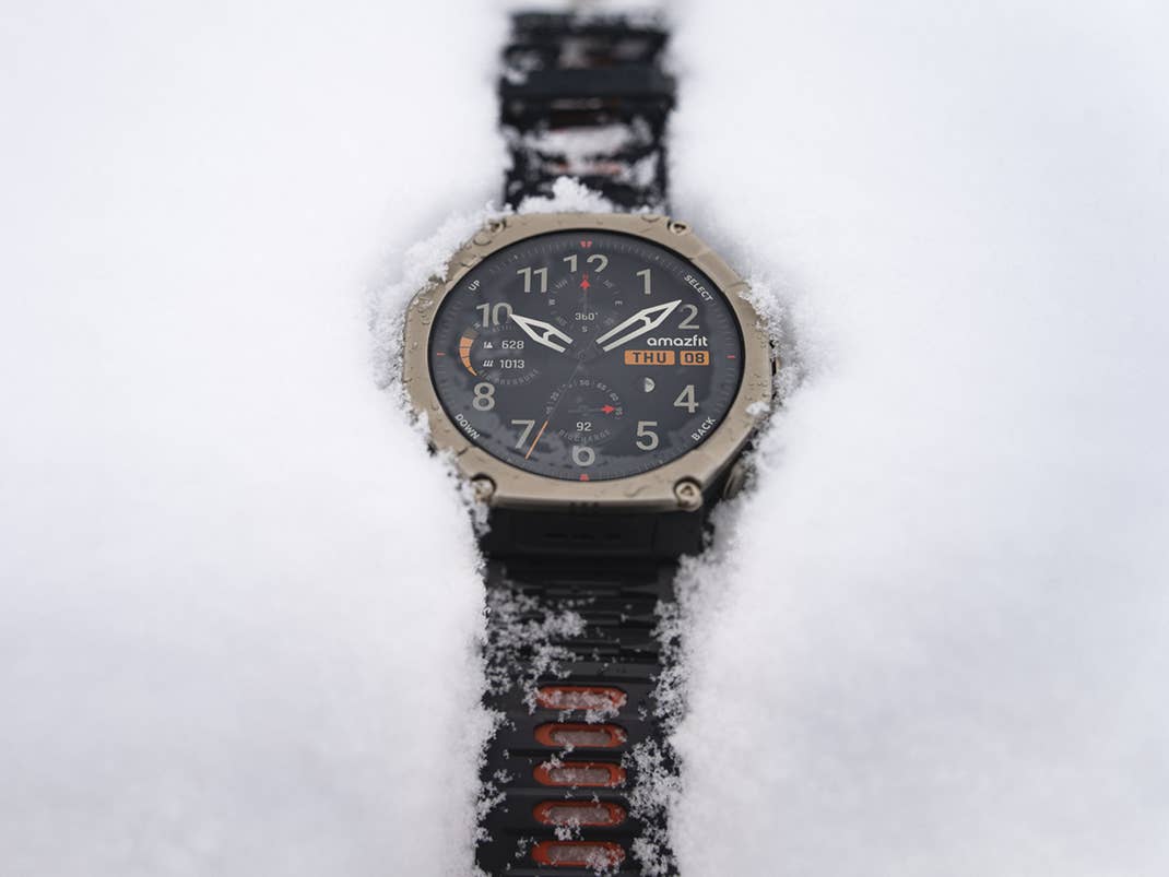 The Amazfit T-Rex Ultra 2 smartwatch on ice and snow