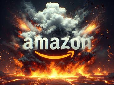Le logo Amazon dans un environnement enflammé.