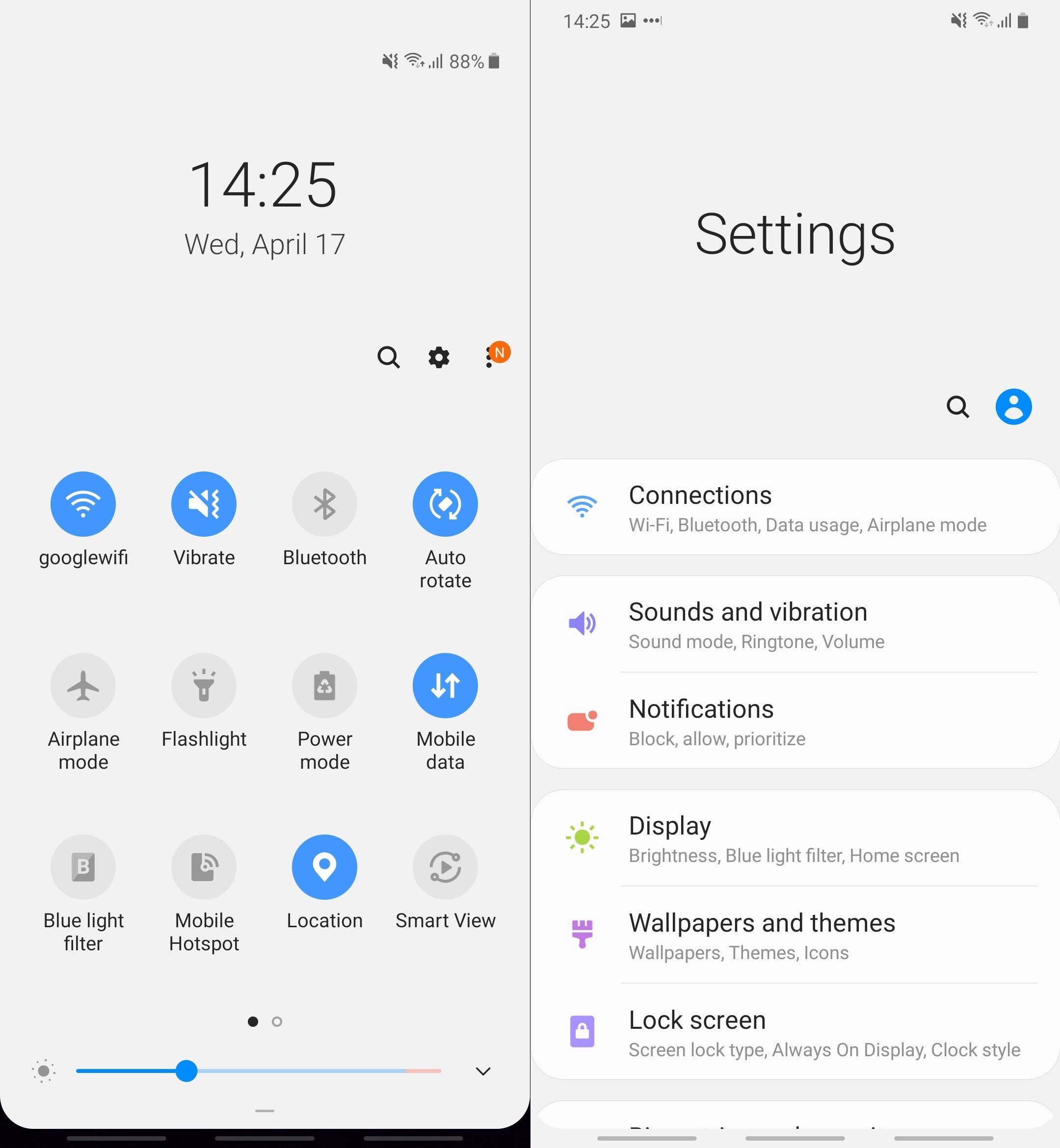 Voici la barre de notification et le menu des paramètres.