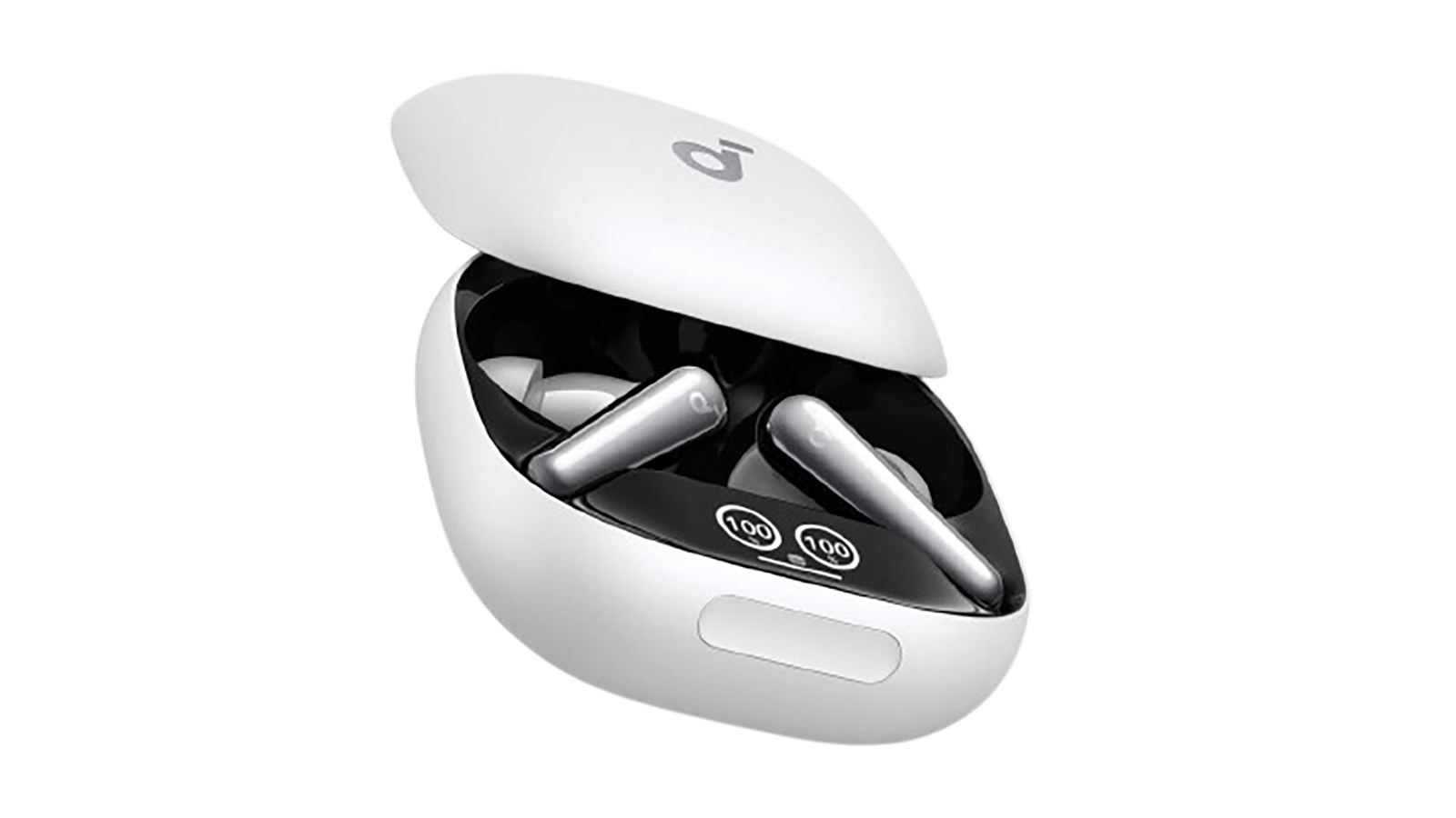 Écouteurs sans fil dans un étui de chargement, avec des indicateurs de batterie à 100%.