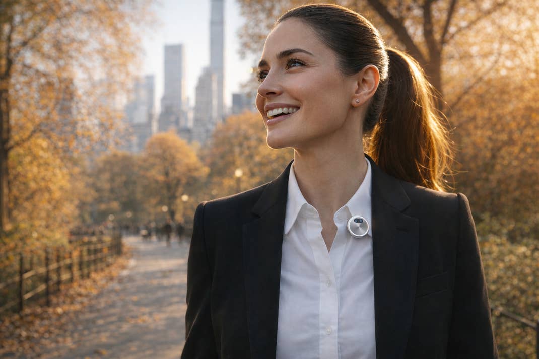 KI-generiertes Bild einer Frau im Business-Look, die im Central Park in New York mit einem Apple AI Device am Kragen spazieren geht.