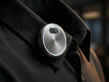 Un appareil d'IA généré par l'IA, de forme ronde, fixé au col d'une veste.