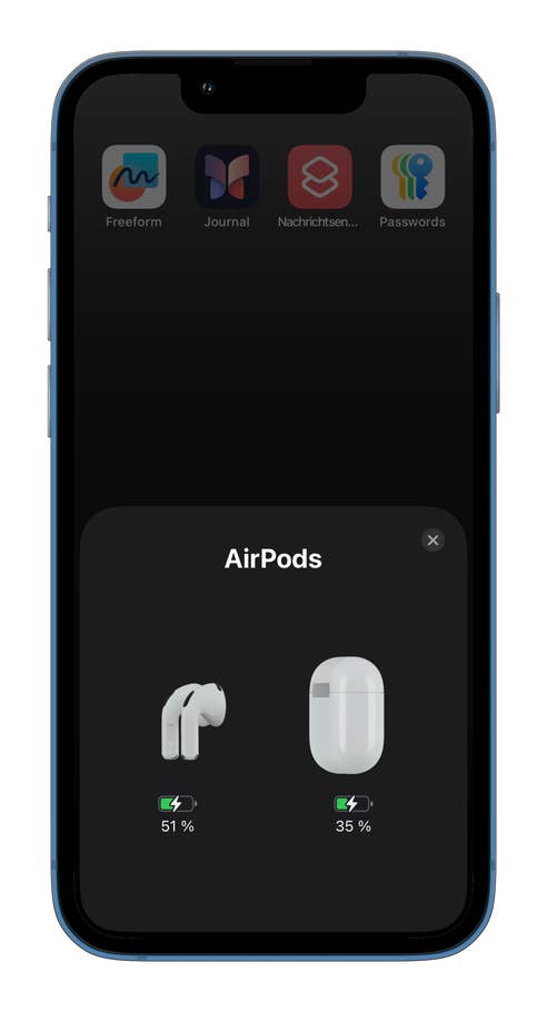 Statut des AirPods Apple affichant 51 % pour lu0027écouteur gauche et 35 % pour le boîtier.