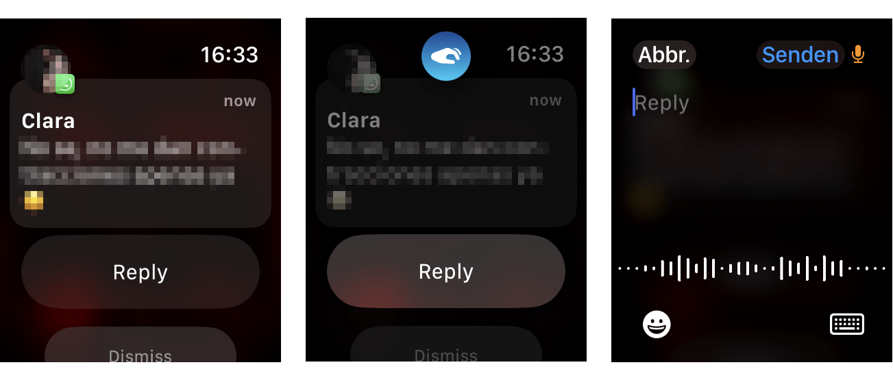 Captures d'écran de l'Apple Watch Ultra 2 avec les réponses aux messages WhatsApp via DoubleTap