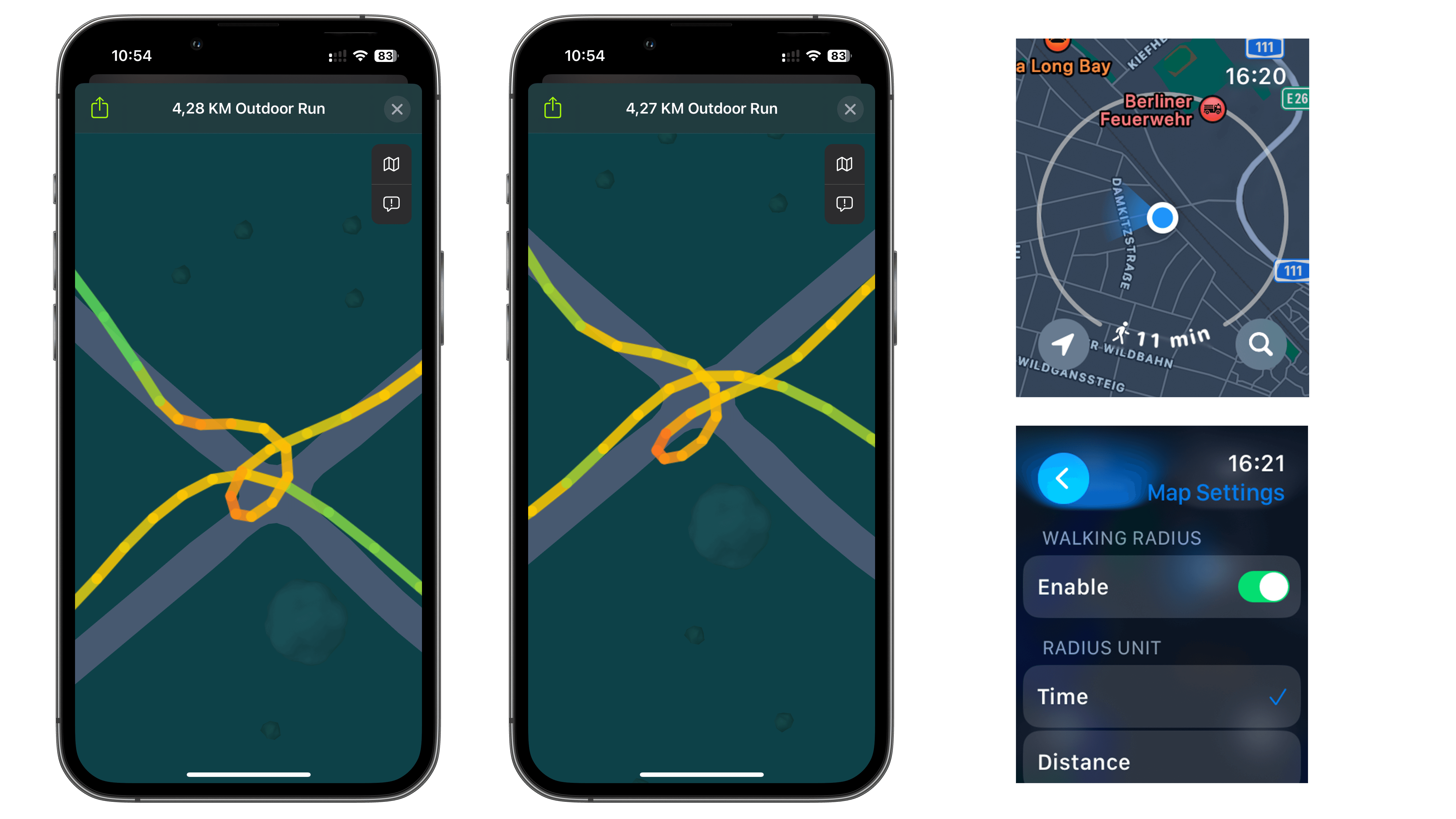 Captures d'écran des cartes de l'Apple Watch Ultra 2 sur un iPhone