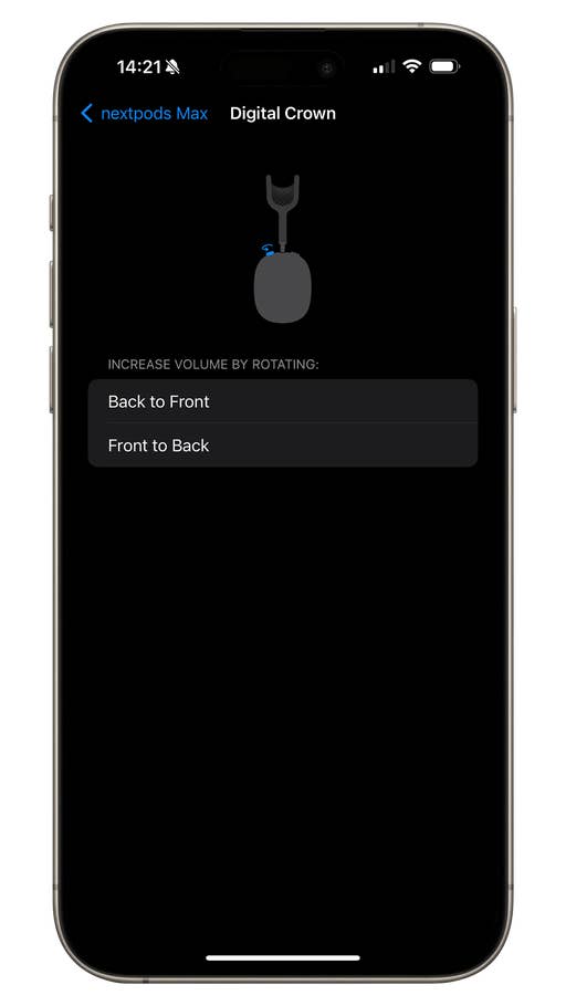 Capture du0027écran des réglages iOS 17 de lu0027AirPods Max montrant le changement de sens de la rotation de la couronne