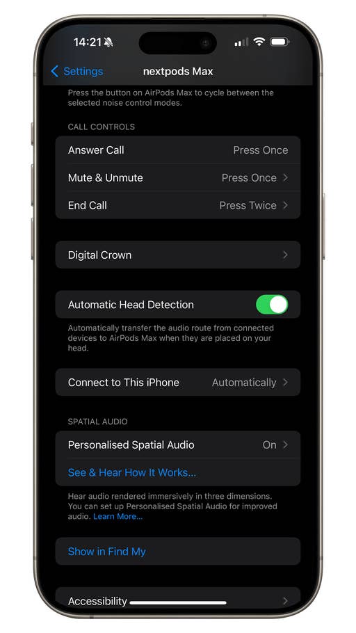 Capture du0027écran des réglages iOS 17 de lu0027AirPods Max montrant le bouton pour activer/désactiver la détection de port