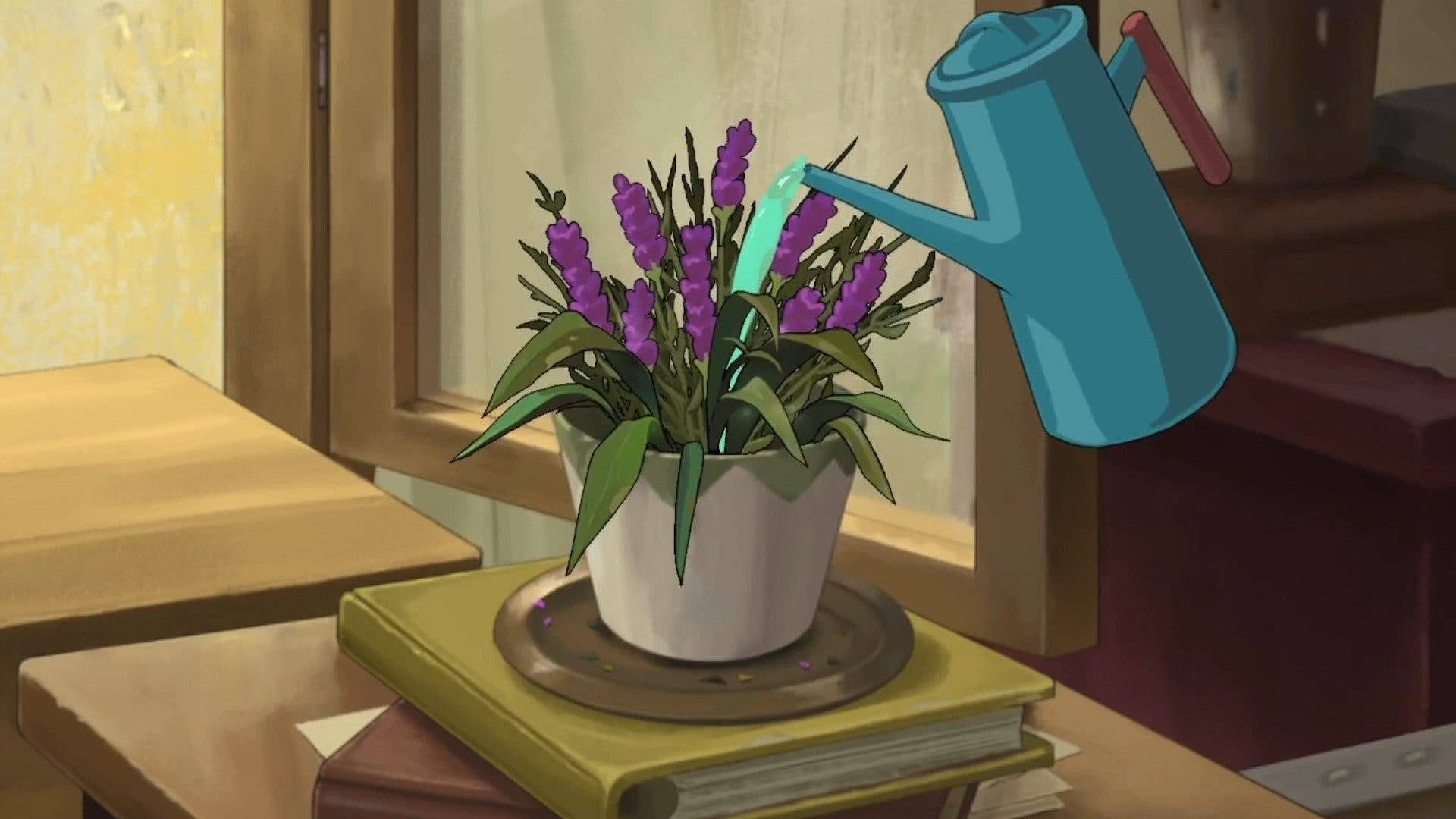 Un arrosoir bleu arrose des fleurs violettes dans un pot sur une pile de livres.