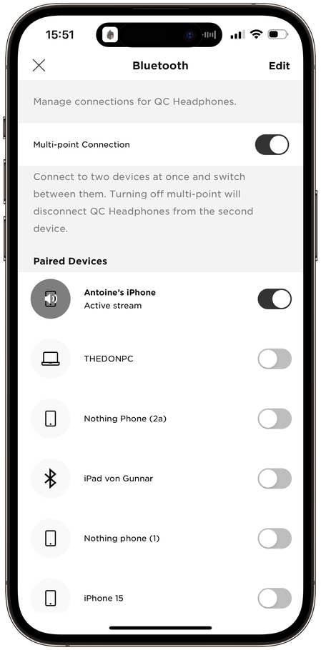 Capture du0027écran de lu0027application Bose Music du casque sans fil Bose QuietComfort Headphones