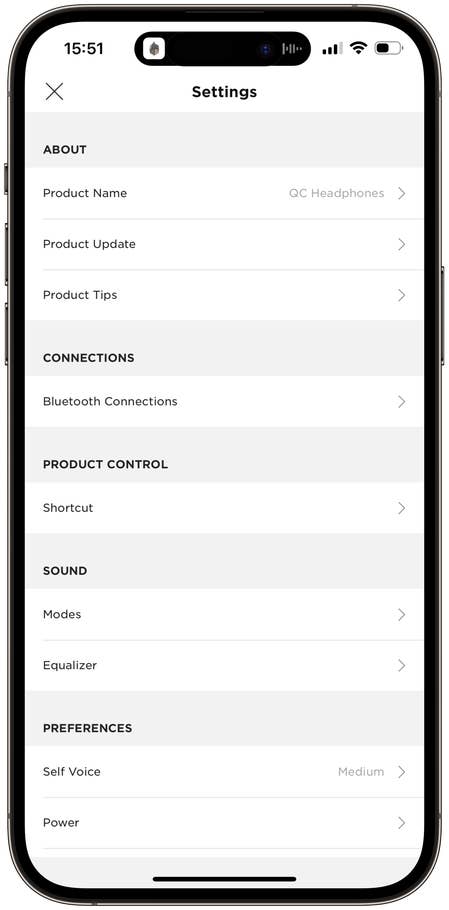 Capture du0027écran de lu0027application Bose Music du casque sans fil Bose QuietComfort Headphones