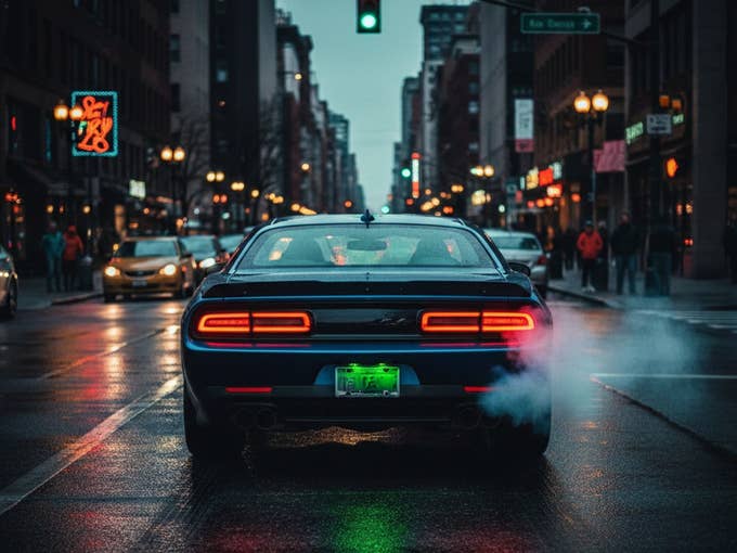 Une voiture électrique à moteur à combustion est arrêtée à un feu rouge dans une ville.