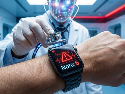 Un médecin IA écoute une Apple-Watch au poignet d'un patient.