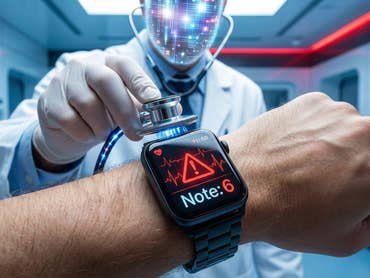 Un médecin IA écoute une Apple-Watch au poignet d'un patient.