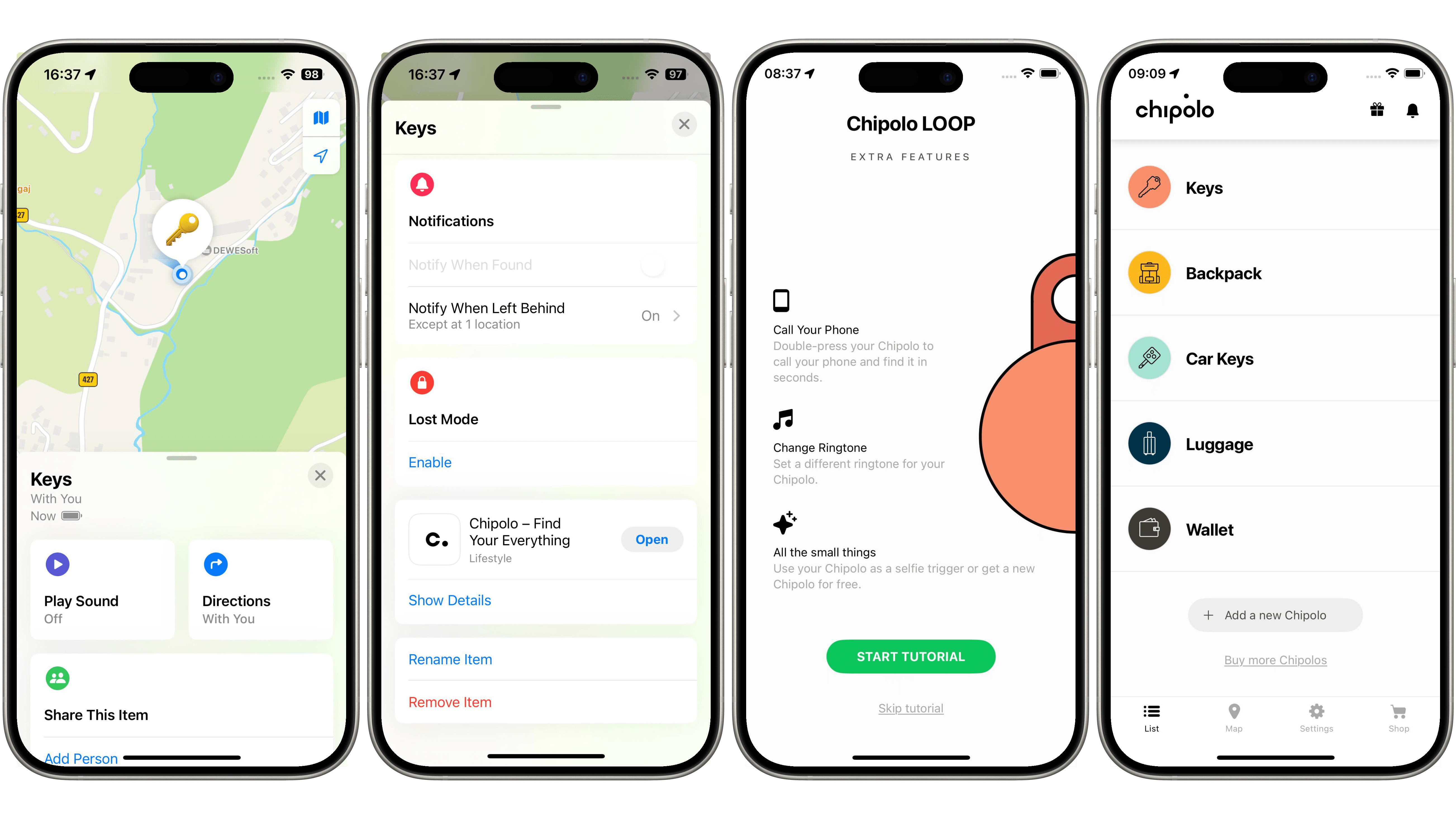Captures d'écran de l'application de suivi Chipolo montrant la localisation, les notifications et les fonctionnalités.