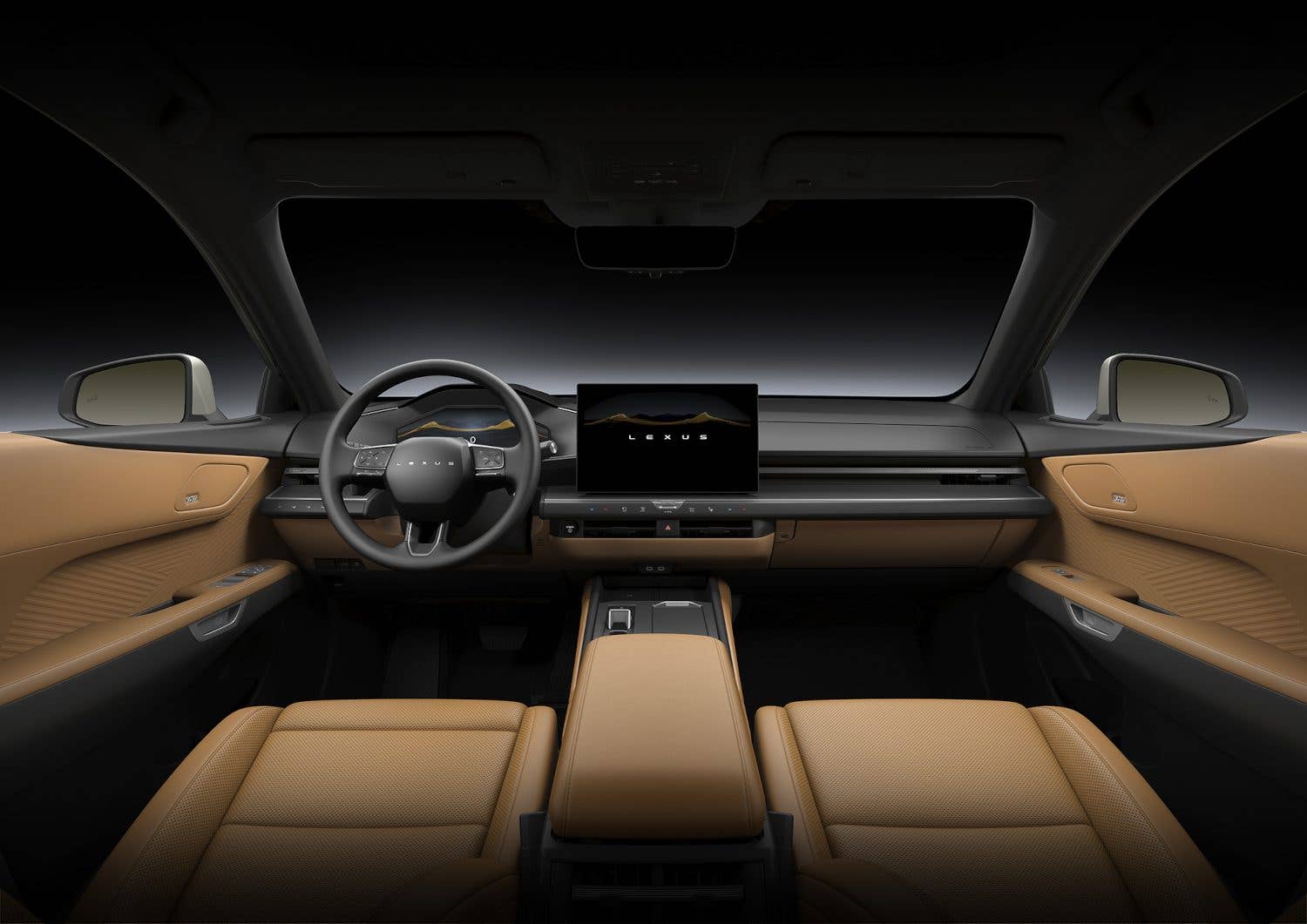 Vue intérieure d'une Lexus ES 2026 avec un tableau de bord moderne et des sièges en cuir beige.
