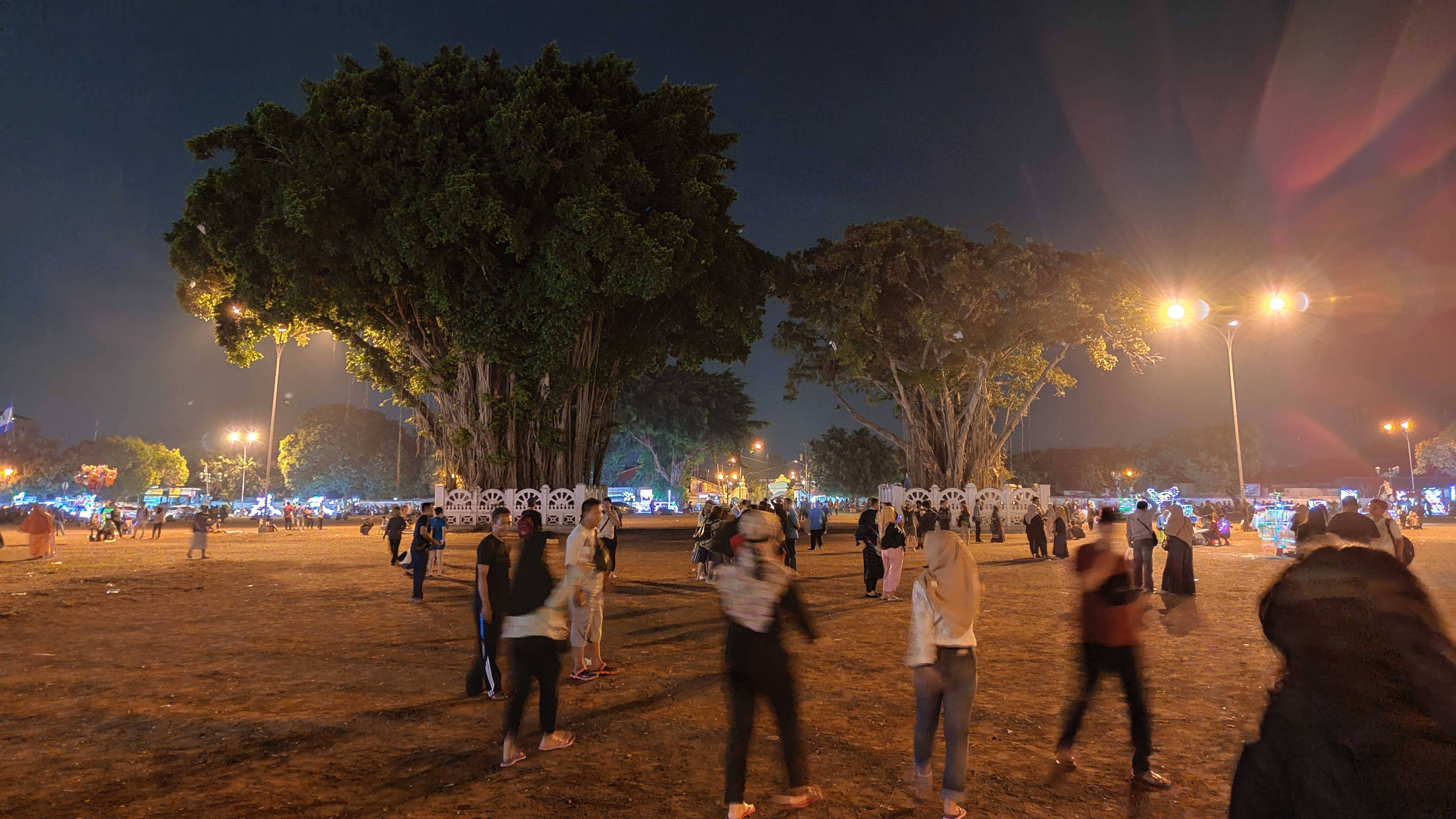 Scène nocturne d'un parc avec de grands arbres et des personnes marchant, illuminée par des lampadaires et des lumières festives.