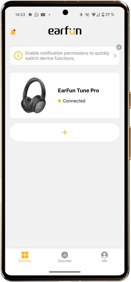 Casque EarFun Tune Pro affiché sur une application smartphone, indiquant quu0027il est connecté.