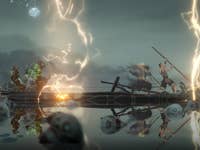 Un bateau dans un environnement sombre et orageux avec une figure luttant contre des créatures fantomatiques.