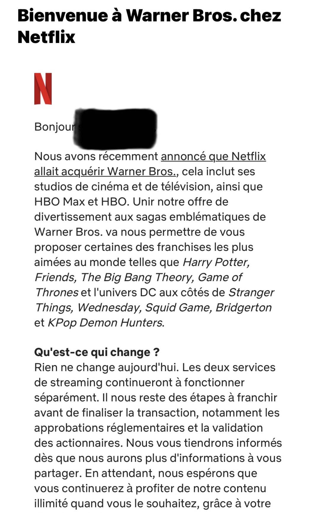 E-mail envoyé par Netflix annonçant le rachat de Warner Bros.