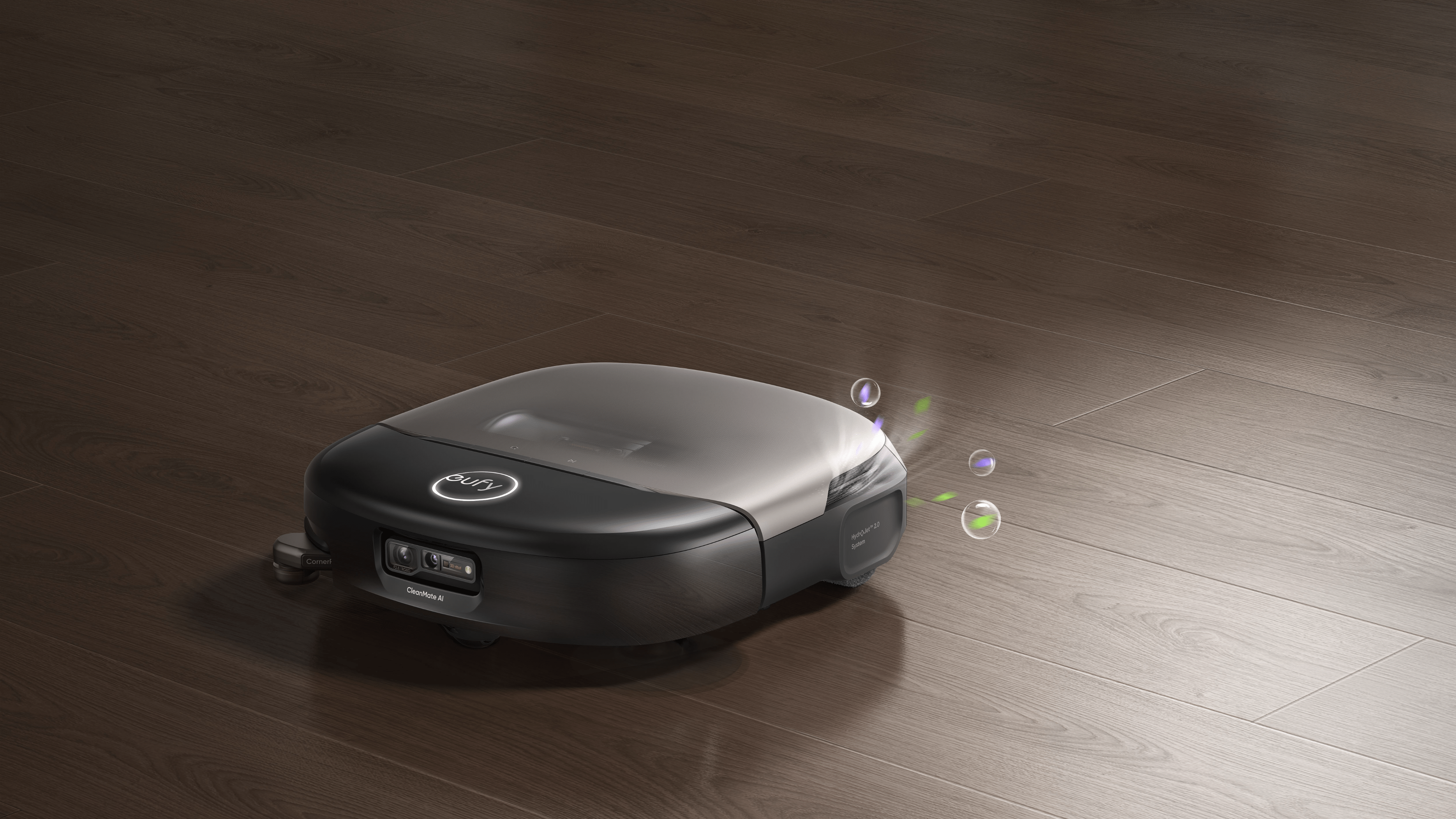 Un aspirateur robot eufy Omni S2 sur un sol en bois, émettant des bulles de nettoyage.