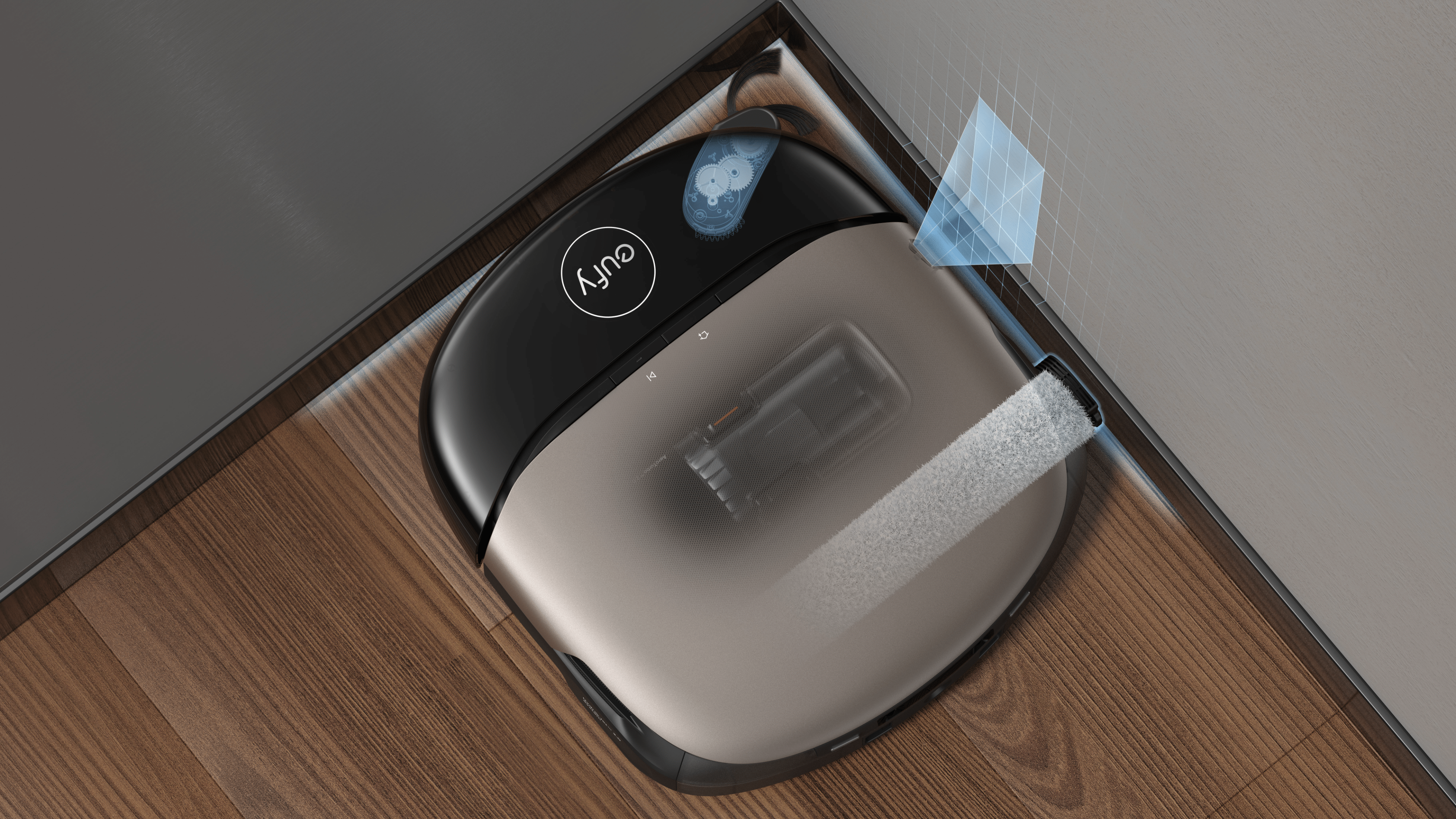 Aspirateur robot eufy Omni S2 près d'un mur, avec une brosse de nettoyage visible.