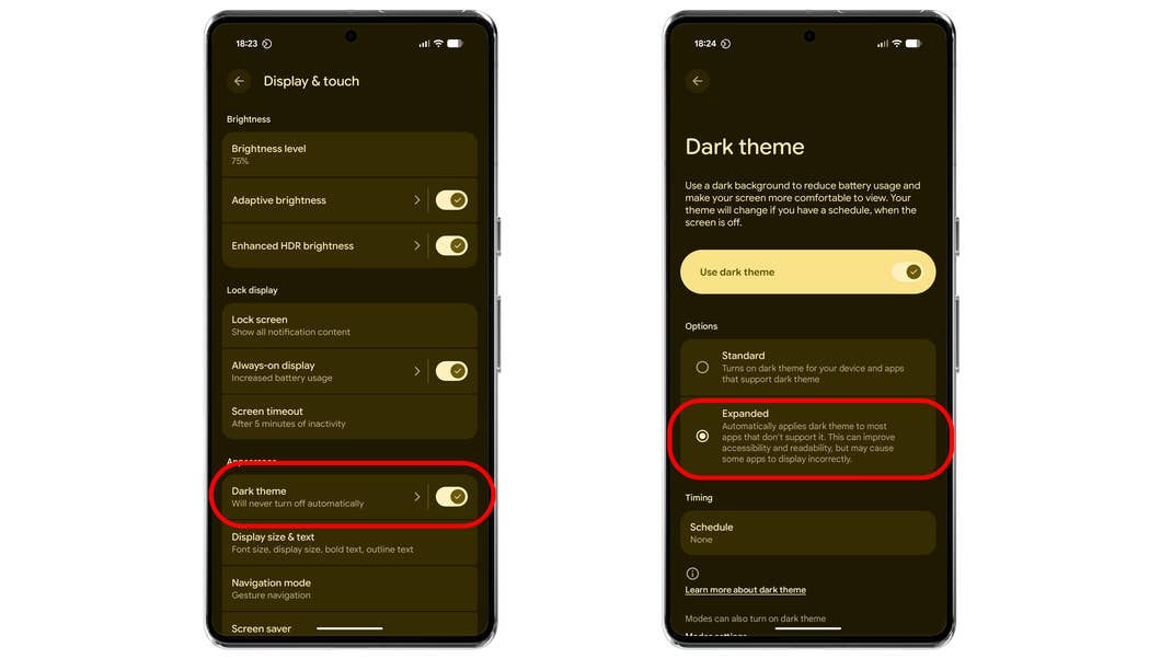Google Android 16 Expanded Dark Mode