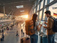Vue d'un terminal d'aéroport, au premier plan un couple qui regarde un téléphone portable.
