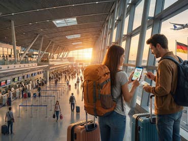 Vue d'un terminal d'aéroport, au premier plan un couple qui regarde un téléphone portable.