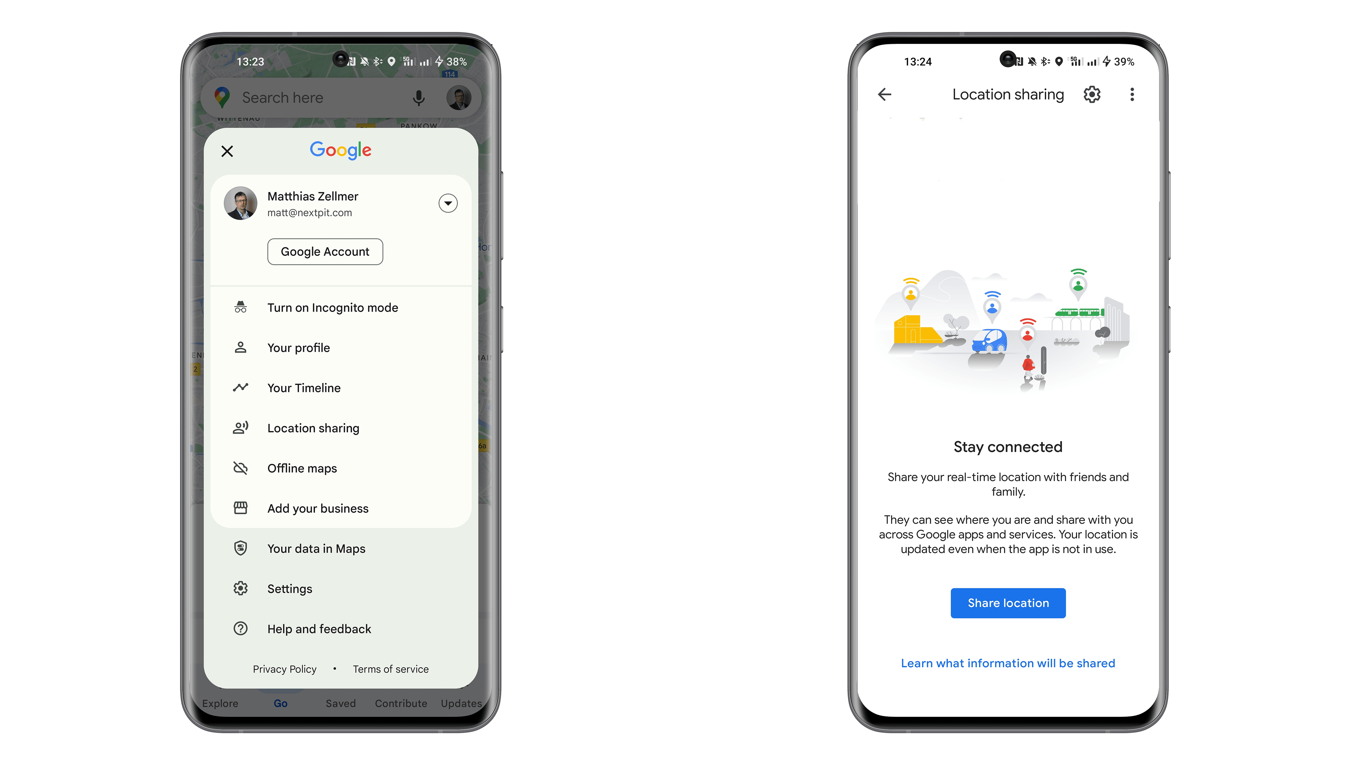 Captures d'écran partage localisation