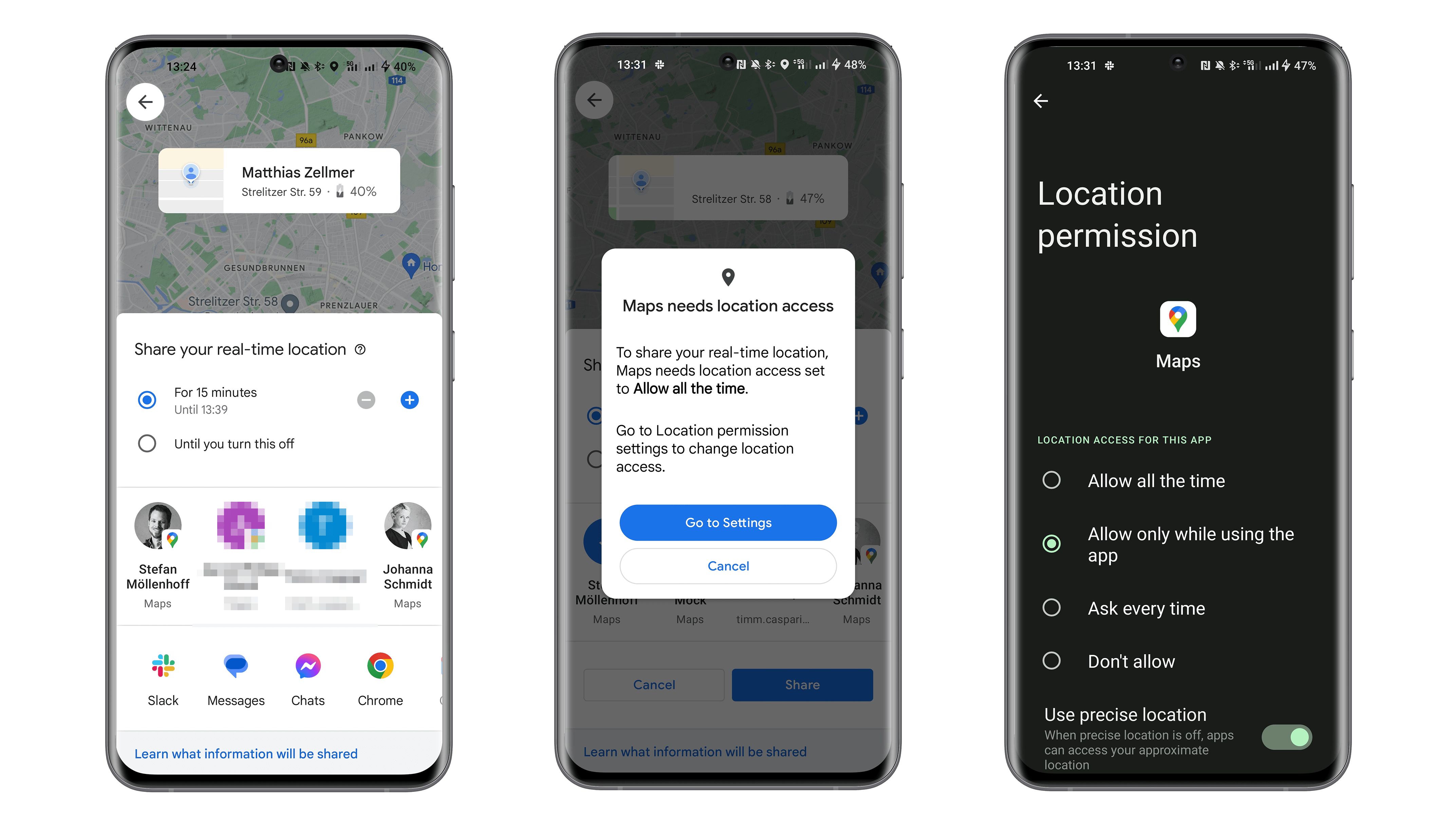 Captures d'écran partage localisation