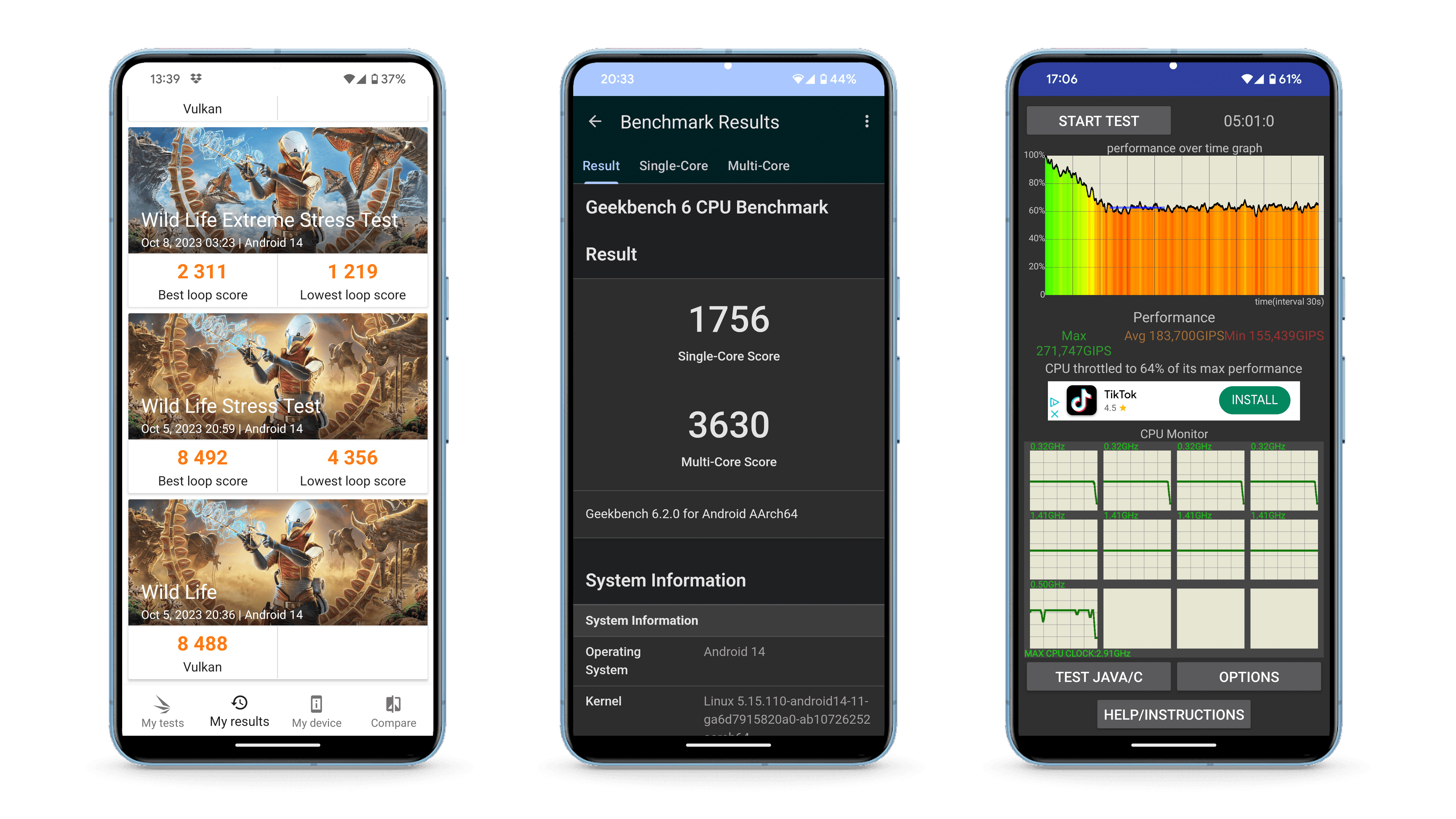 Captures d'écran du Google Pixel 8 Pro montrant les résultats obtenus lors de nos différents benchmarks