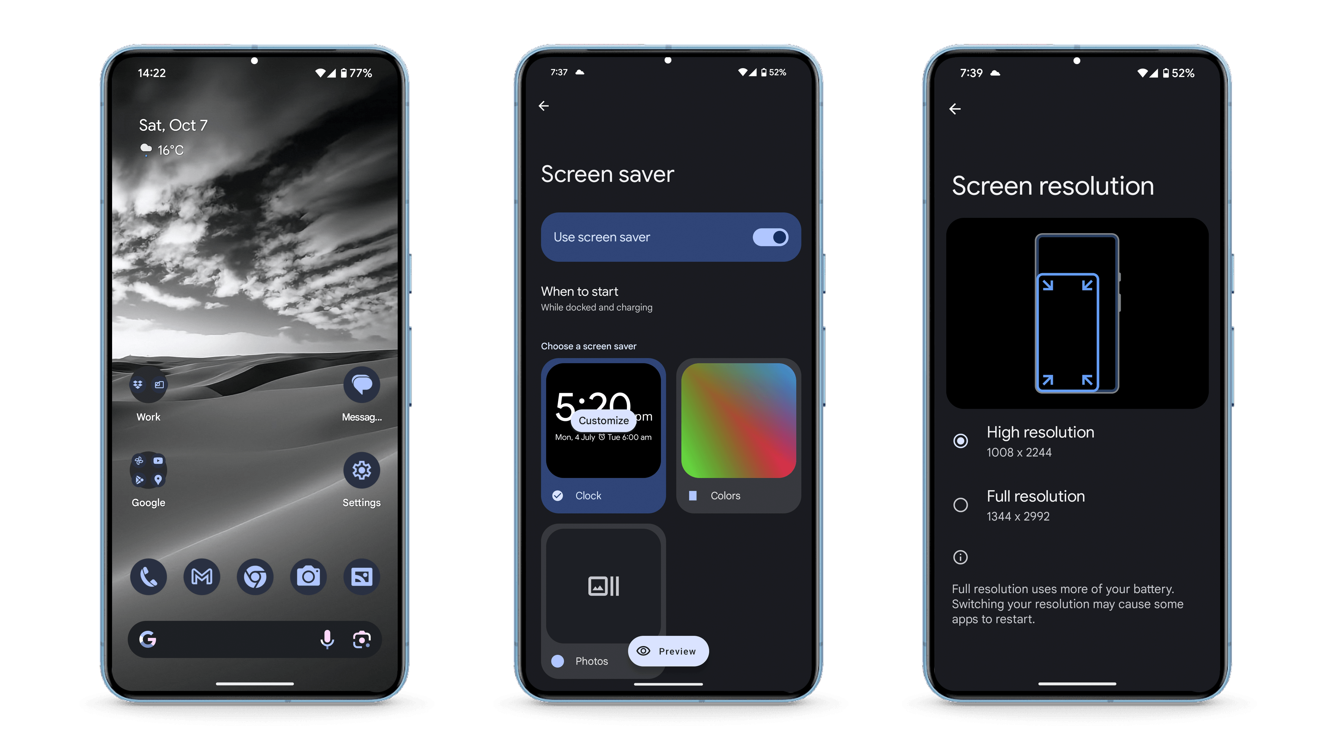Captures d'écran du Google Pixel 8 Pro montrant les options de personnalisation de l'écran d'accueil