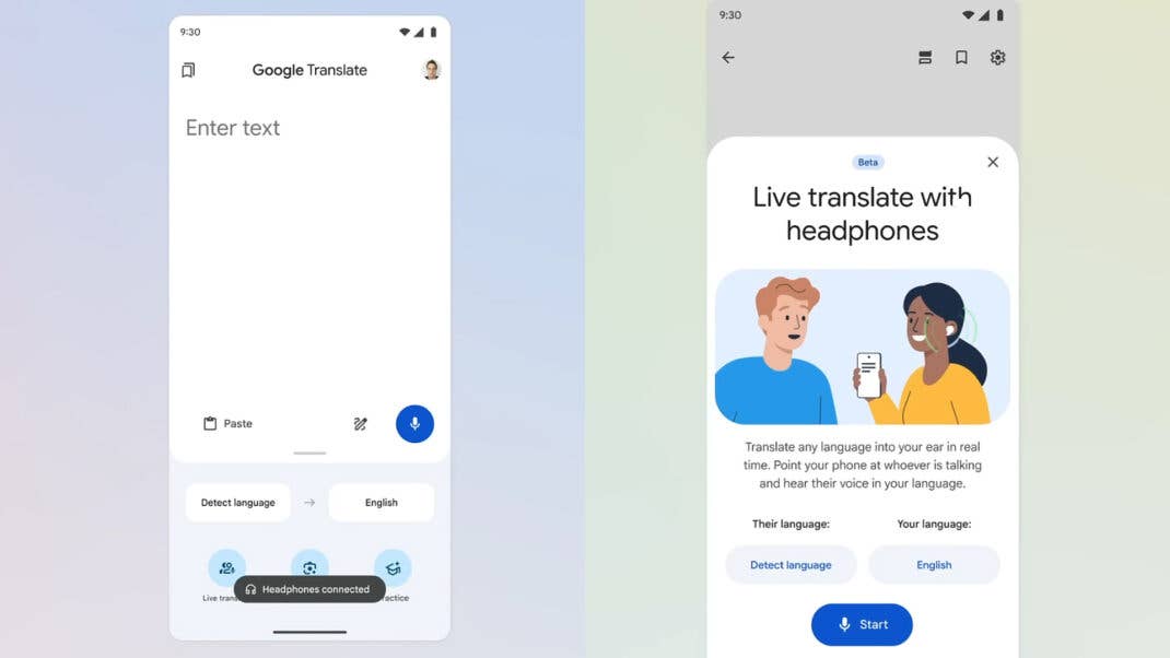 Google Translate live language translation for any headphones.