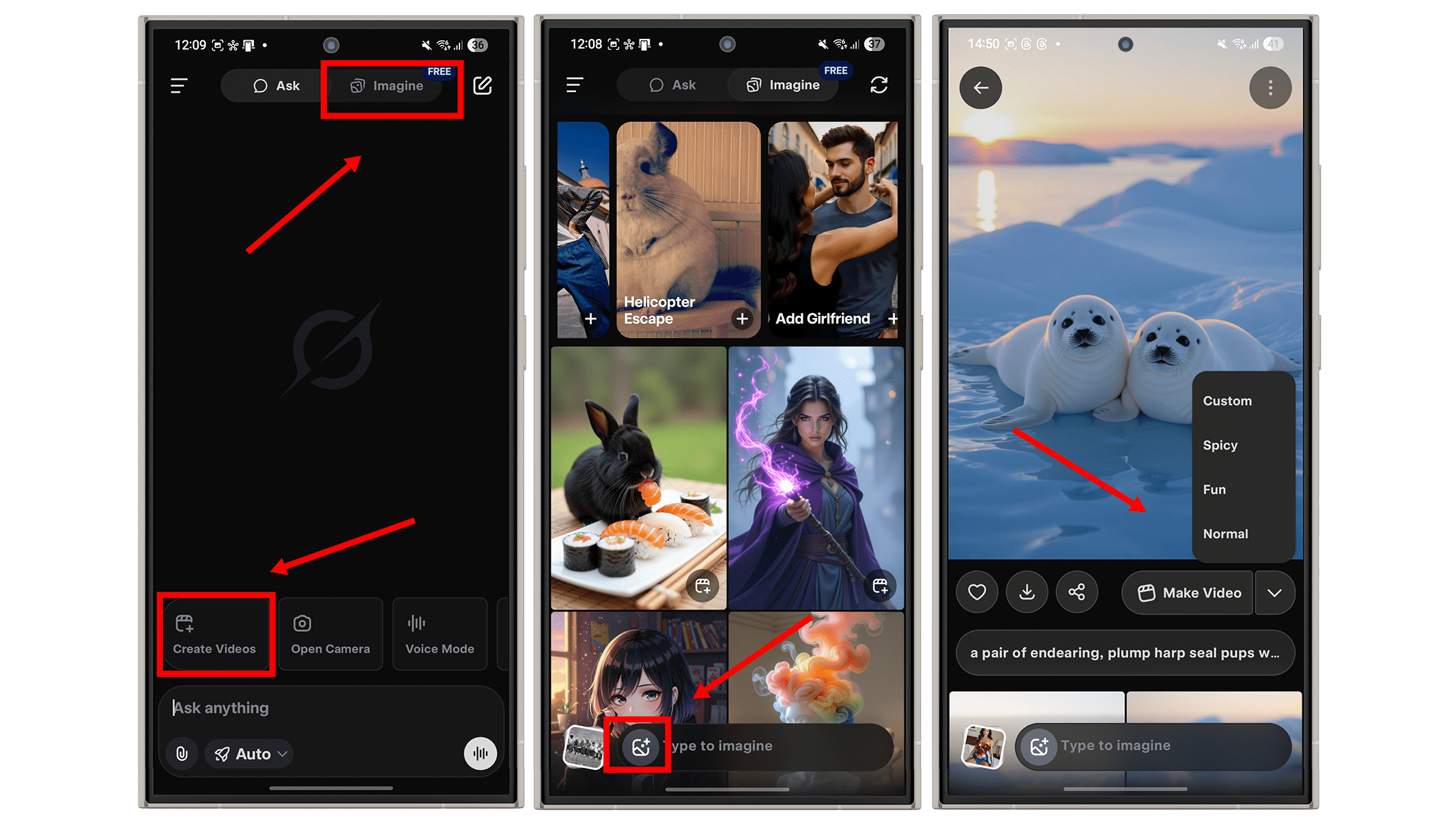 Trois écrans de smartphone affichant une interface d'application avec des options pour créer des vidéos et diverses catégories d'images.