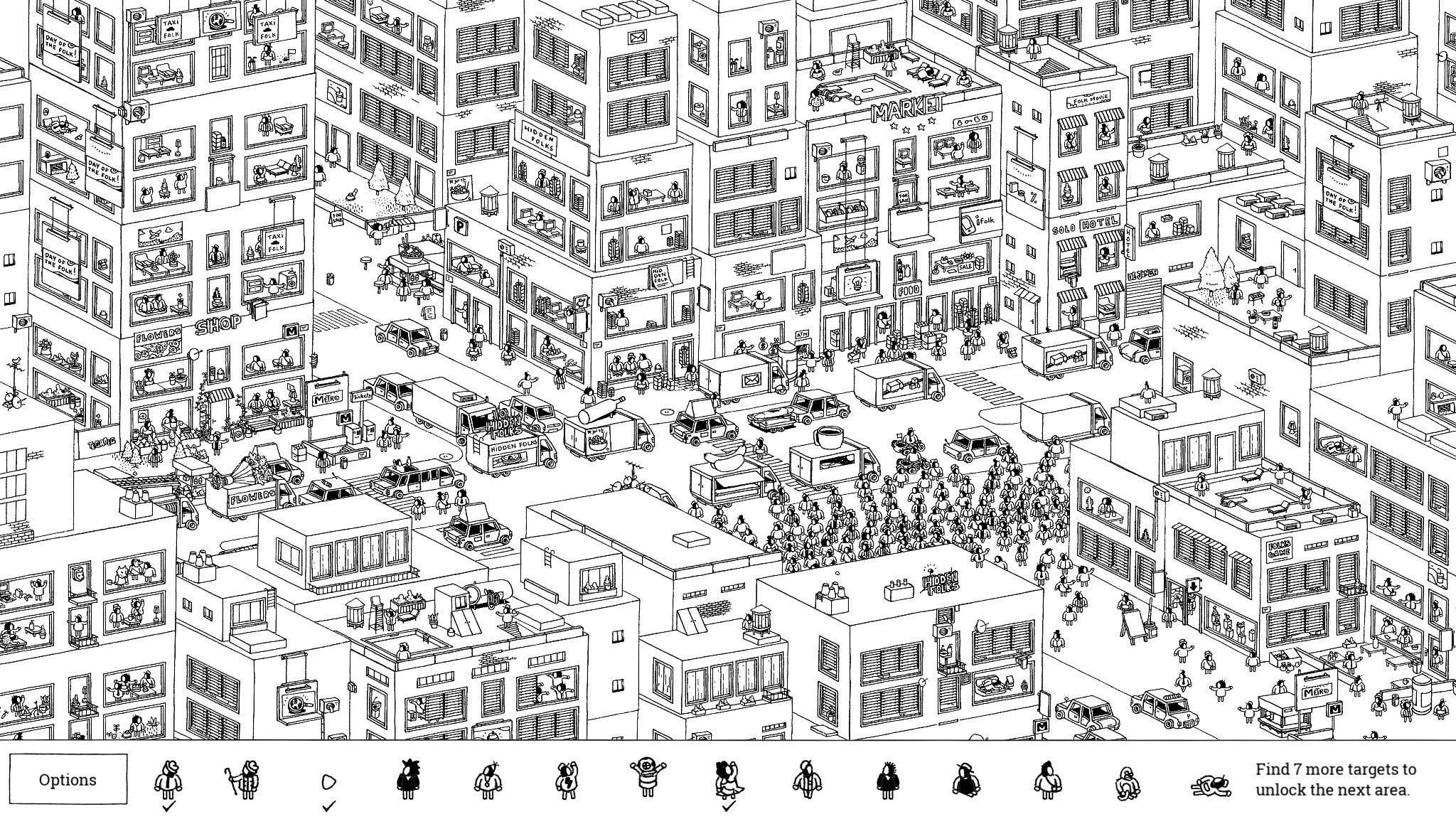 Un paysage urbain détaillé en noir et blanc avec de nombreux bâtiments, voitures et personnes, présentant un élément de recherche lié aux jeux.