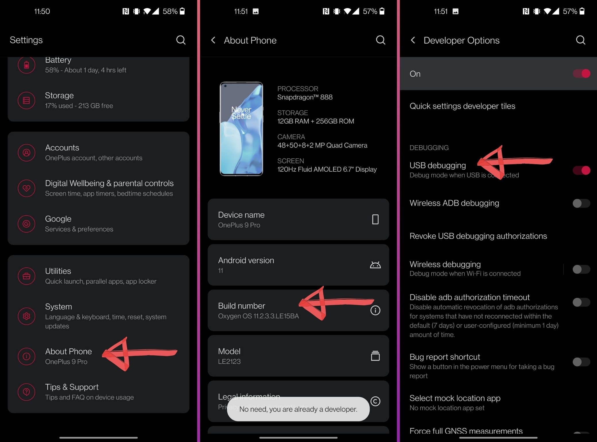 how to activate usb debuging android 11