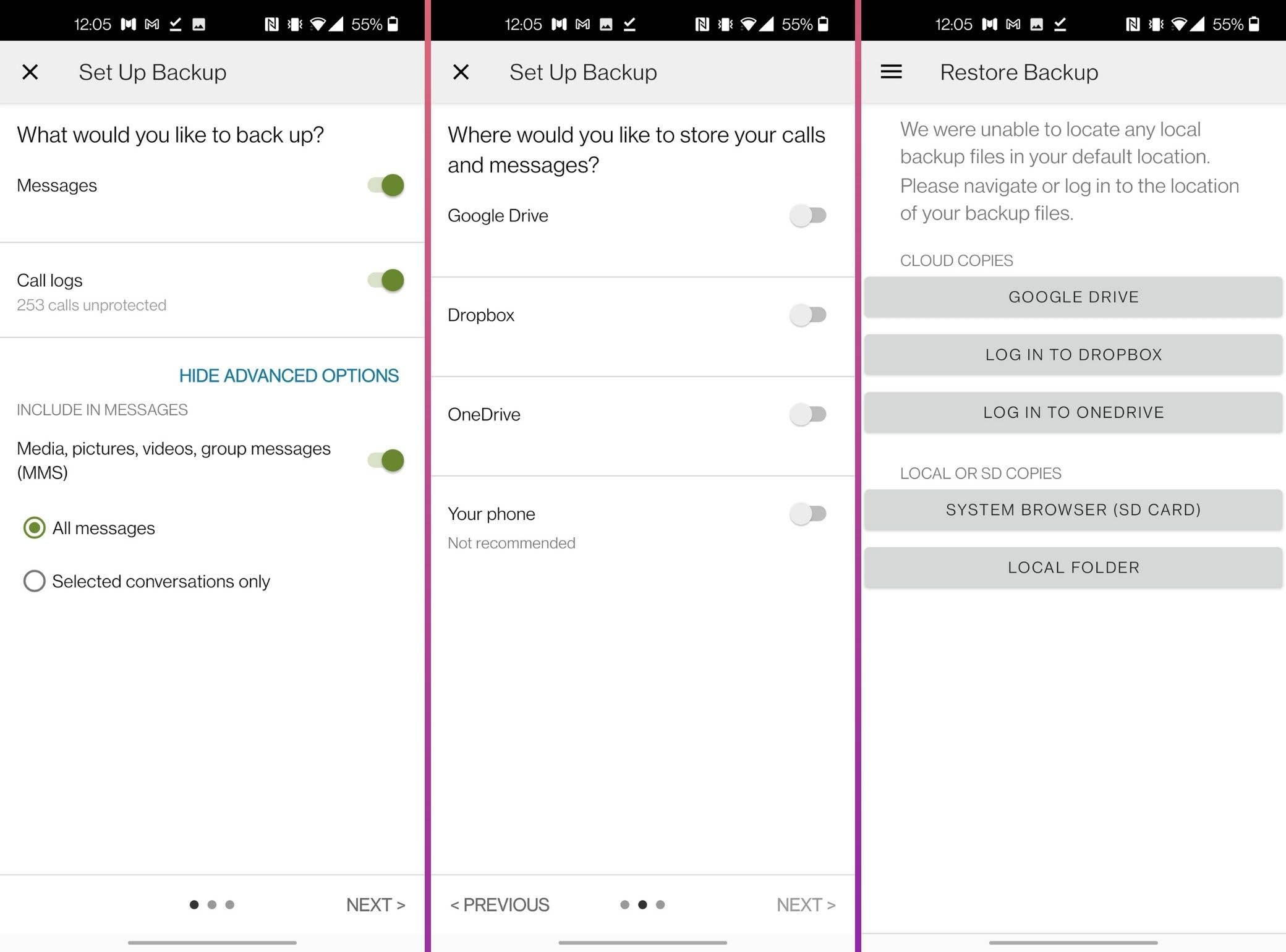 how to backup restore messages android